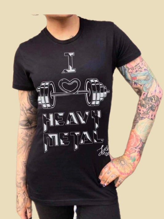 Close up image, slogan T shirt, in black, I love heavy metal, music,gym