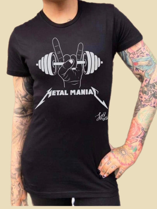 Black T shirt, metal maniac slogan, music lover, gym enthusiast 