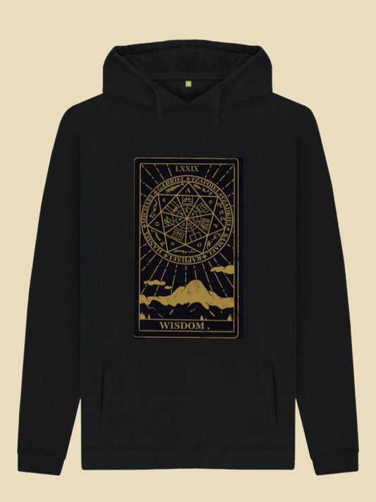 Black hoodie, hooded sweat, gold wisdom tarot card design, long sleeve